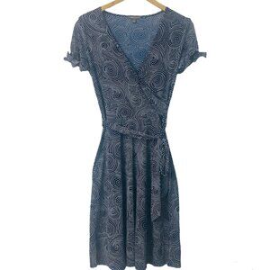 Apt 9 Stretch A-Line Dress Self Tie Blue White Geometric Pattern Polka Dots